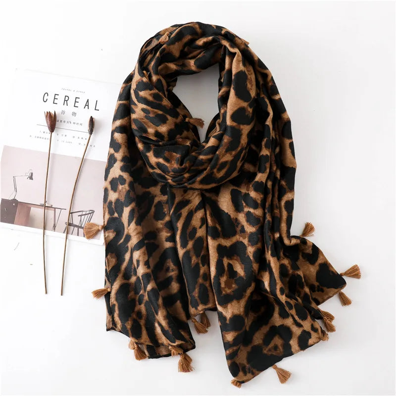 Fashion Printed Leopard Scarf Female Spring Muslim Women Hijab Scarves Tassel Large Size Headband Handkerchief Women's Bandana