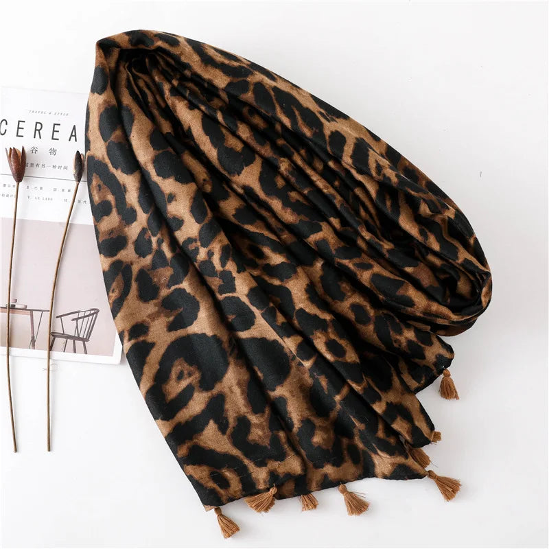 Fashion Printed Leopard Scarf Female Spring Muslim Women Hijab Scarves Tassel Large Size Headband Handkerchief Women's Bandana