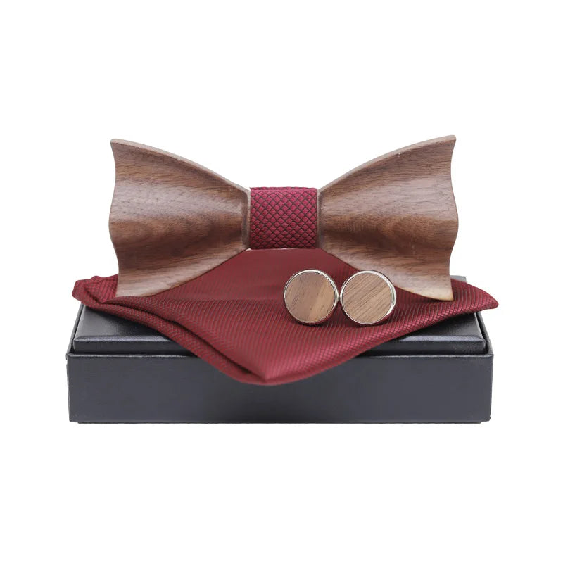 Wooden Bow Tie Handkerchief Cufflinks Set Men's Plaid Bowtie Wood Hollow carved cut out design with Gift Box Fashion Novelty tie