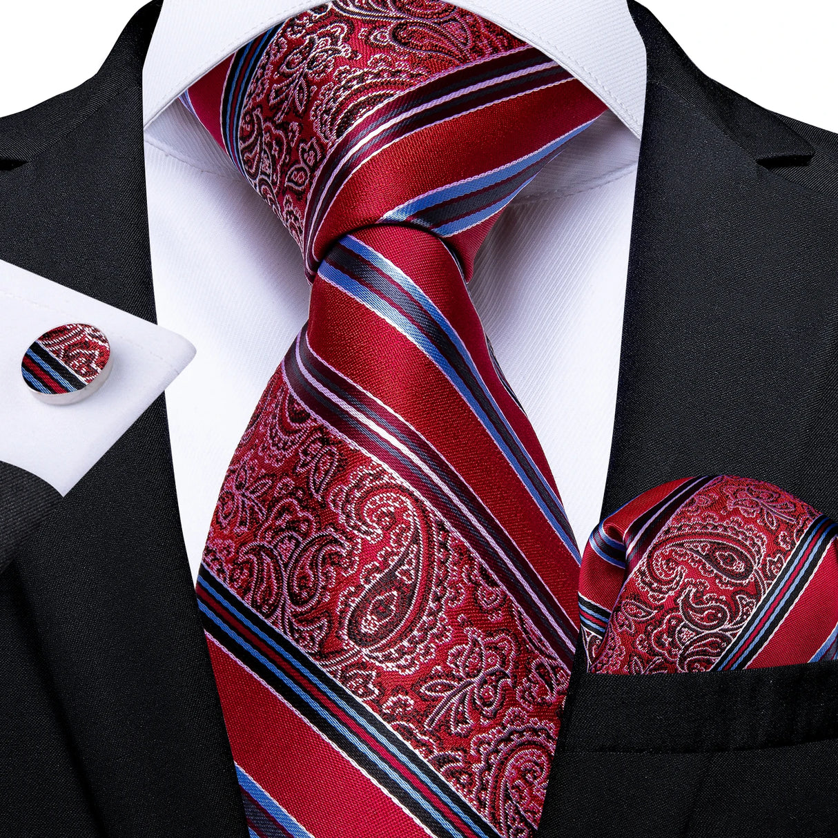 Fashion Striped Tie For Men Red Wine White Silk Wedding Tie Hanky Cufflink Gift Tie Set DiBanGu Novelty Design Business MJ-7337