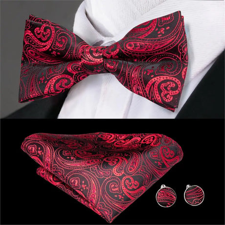 Hi-Tie Christmas Green Bow Ties for Men Silk Butterfly Tie Bow Tie Hanky Cufflinks Set Wedding Party Paisley Plaid Solid Bowtie