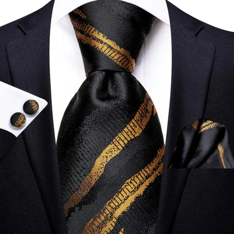 Hi-Tie Elegant Mens Necktie Black Gold Striped Paisley Silk Wedding Nicktie For Men Hanky Cufflinks Business Party Dropshipping