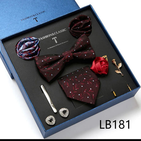 Holiday Gift Box Tie For Men 7.5 cmTie Hanky Pocket Squares Cufflink Set Bow Tie Clip Necktie Box Purple hombre Geometric Office