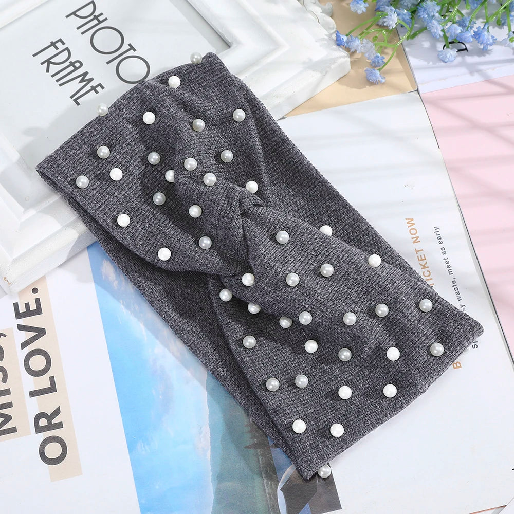 AWAYTR Women's Headbands Pearls Head Bands Knitted Turban Bandana Autumn Winter Elastic Hairband Warm Hair Accessories Headdress