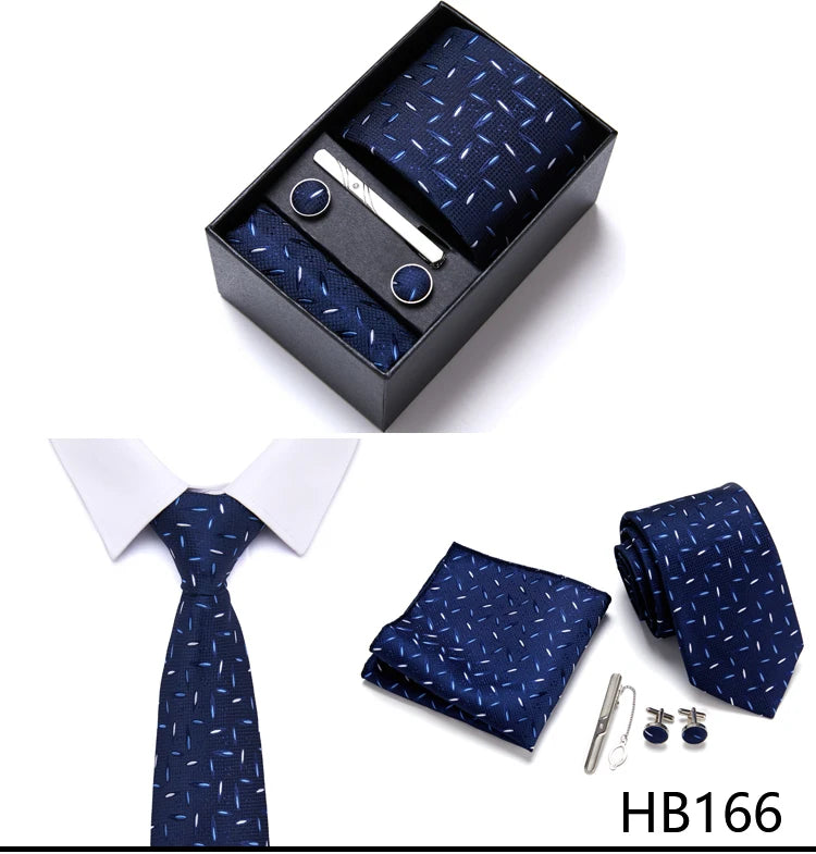 Brand Wholesale Tie Pocket Squares Cufflink Set Necktie Blue Striped Man Wedding Accessories Fit Workplace Holiday Gift Box