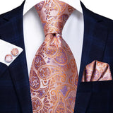 Hi-Tie Designer Orange Silver Paisley Silk Wedding Tie For Men Quality Hanky Cufflink Fashion Nicktie Business Party Dropshiping