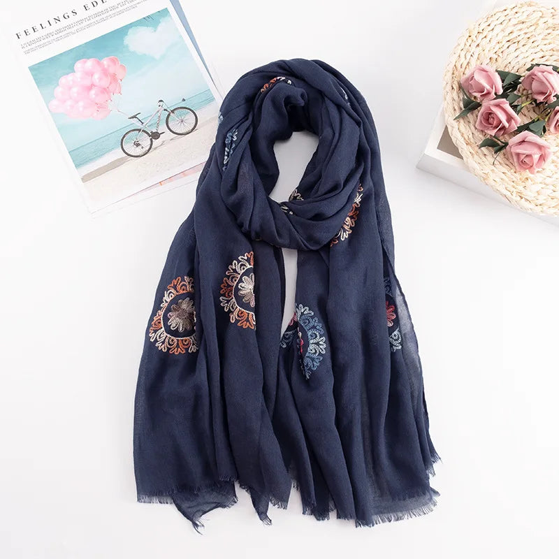 Many Colours Ethnic Embroidery Women Winter Foulard Elegant Flower Long Scarf Bandana Muslim Hijab Shawl Travel