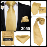 Hi-Tie Solid Gold Yellow Silk Ties For Men Handky Cufflinks Set Fashion Gift For Men's Tie Wedding Business Necktie