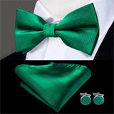 Hi-Tie Christmas Green Bow Ties for Men Silk Butterfly Tie Bow Tie Hanky Cufflinks Set Wedding Party Paisley Plaid Solid Bowtie