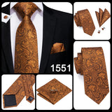 Hi-Tie Men's Tie Set Orange Black Paisley Silk Wedding Ties For Men New Fashion Design Quality Hanky Cufflinks Set Dropshipping