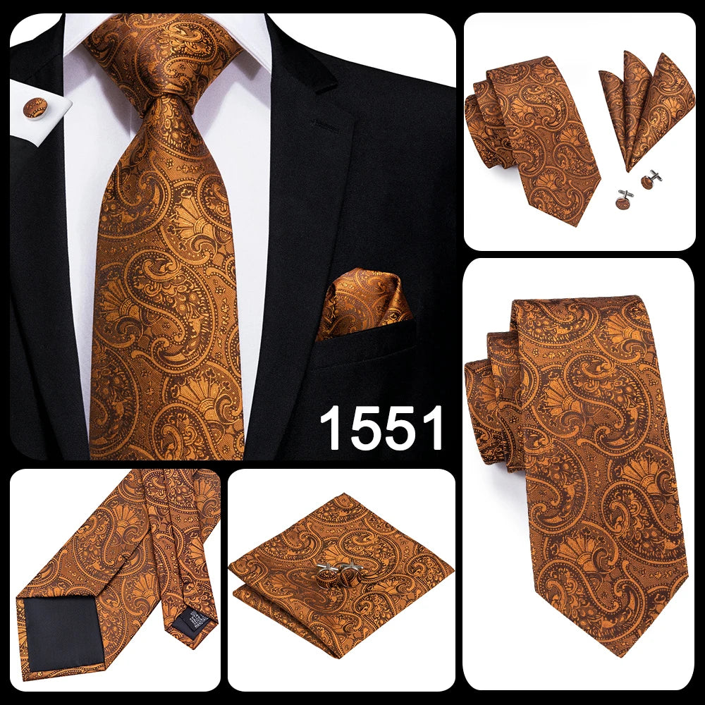 Hi-Tie Luxury Gold Orange Striped Paisley Silk Wedding Tie For Men Hanky Cufflink Gift Mens Necktie Business Party Dropshipping