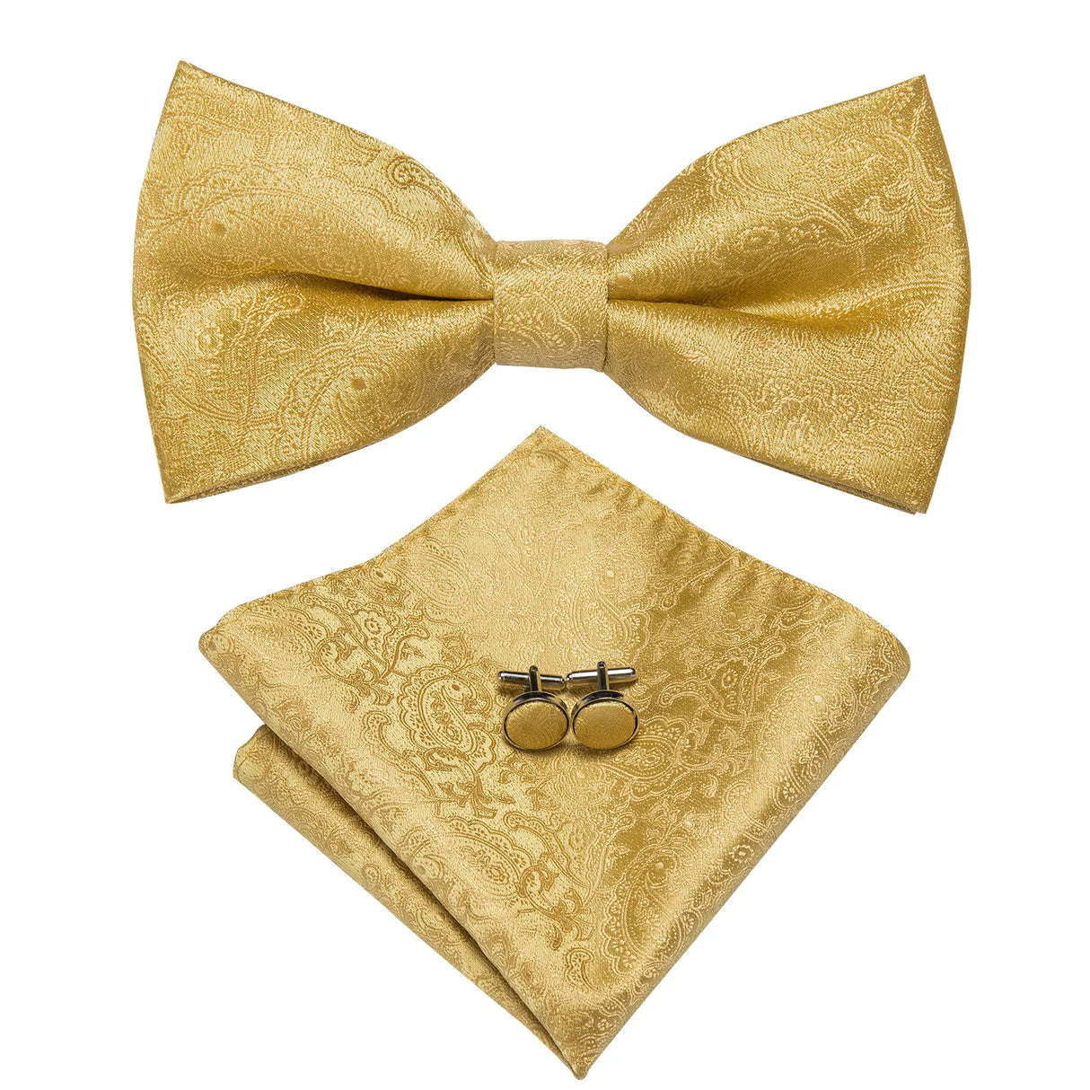 Hi-Tie Luxury Gold Silk Bow Ties for Men Fashion Men's Yellow Bowtie Handkerchief Cufflinks Brooch Set butterfly  Wedding Set