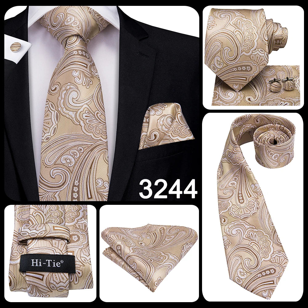 Hi-Tie Solid Champagne Ivory Floral Design Silk Wedding Tie For Men Quality Hanky Cufflink Fashion Nicktie Business Dropshipping