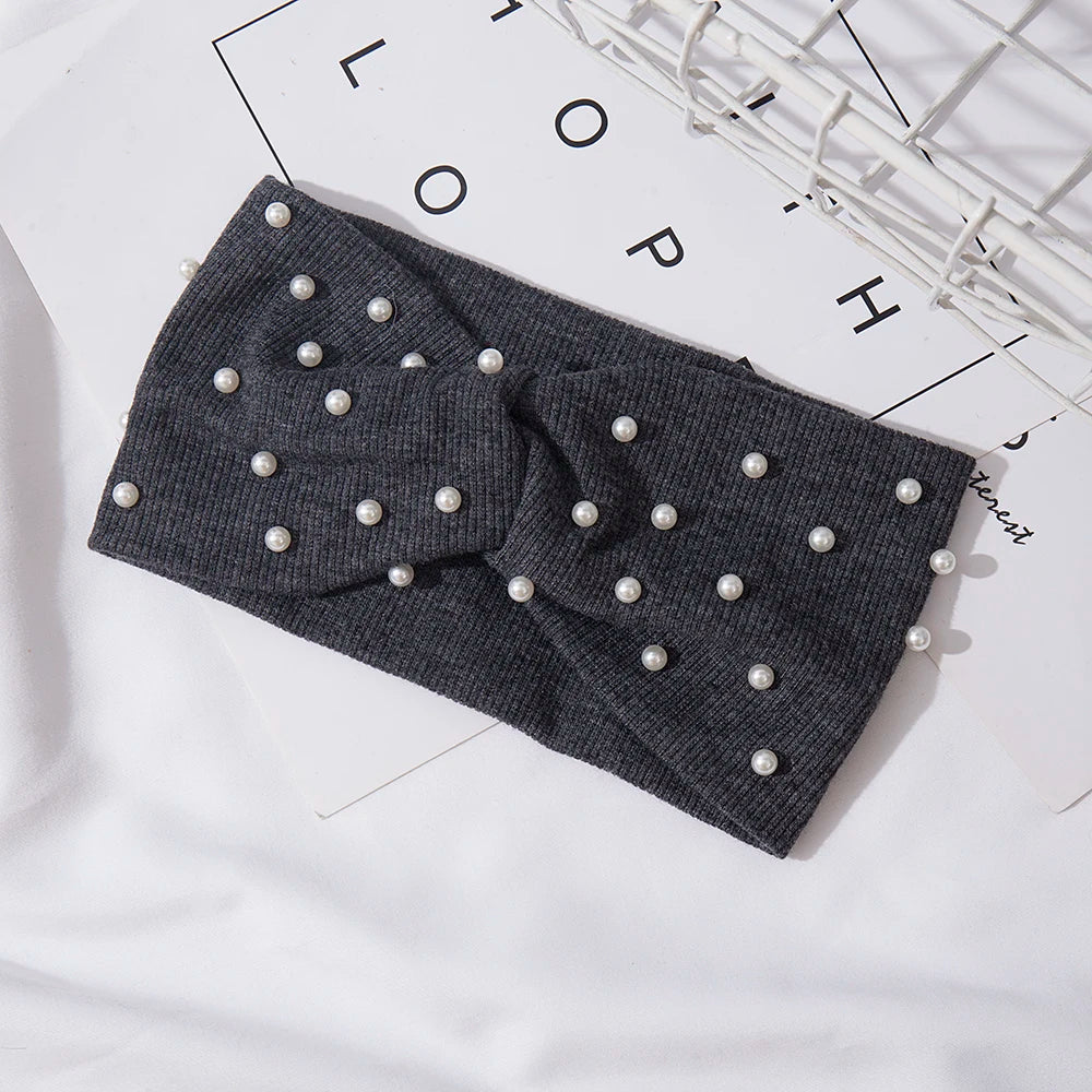 Bow Women's Headbands Pearls Head Bands Knitted Turban Bandana Autumn Winter Elastic Hairband Warm Hair Accessories Headdress