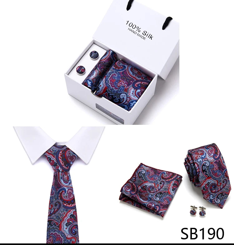 Brand 100% Silk Ties Gift box Office  Men Classic Party Wedding striped 7.5cm Silk Wedding  Floral Tie Necktie Handkerchief Set