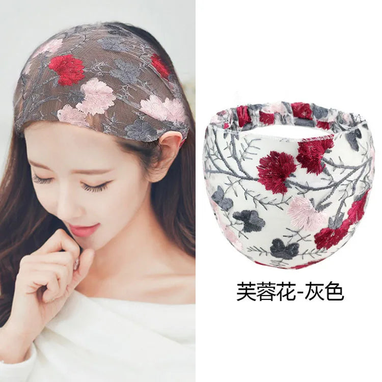 New Wide Headband for Women Ethnic Embroidery Flower Mesh Wide Edge Headbands Hibiscus Mutabilis Lace Bandaba Turban Headwear