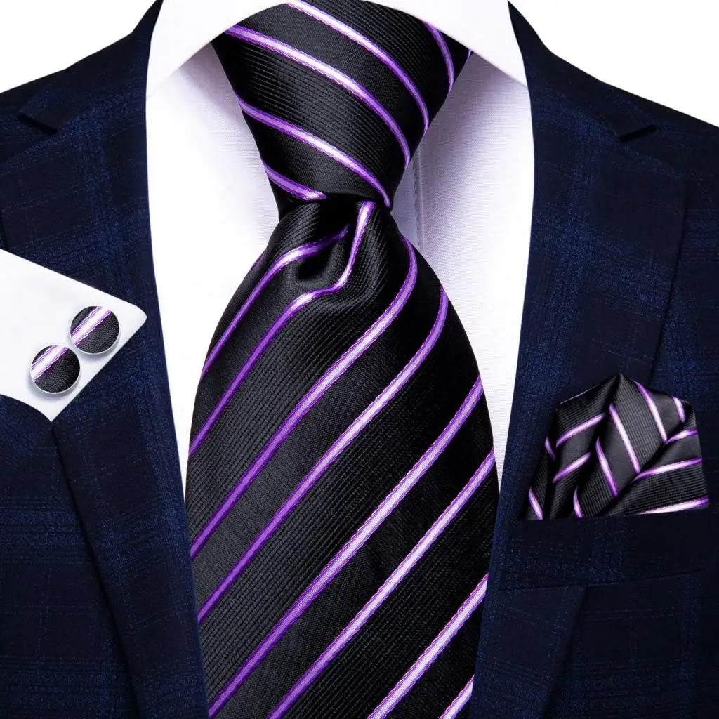 Hi-Tie Purple Lilac Floral Striped Silk Elegant Tie For Men Groom Wedding Men Necktie Pocket Square Cufflink Accessory Wholesale