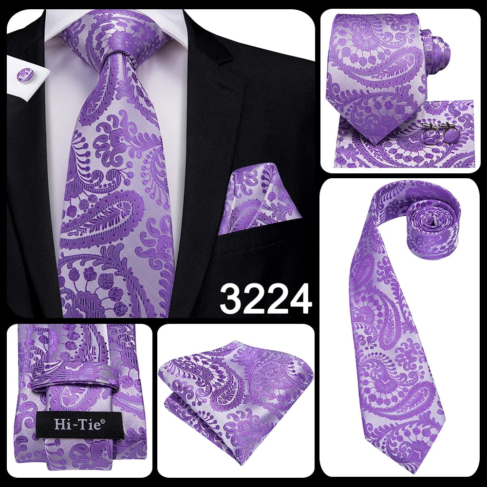 Hi-Tie Purple Solid Paisley Silk Wedding Tie for Men Novelty Design Handky cufflink Gift Men Tie Set Party Business Dropshipping