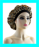 Leopard Print Satin Bonnet Cap Wide Rubber Band Nightcap Hair Care Hat