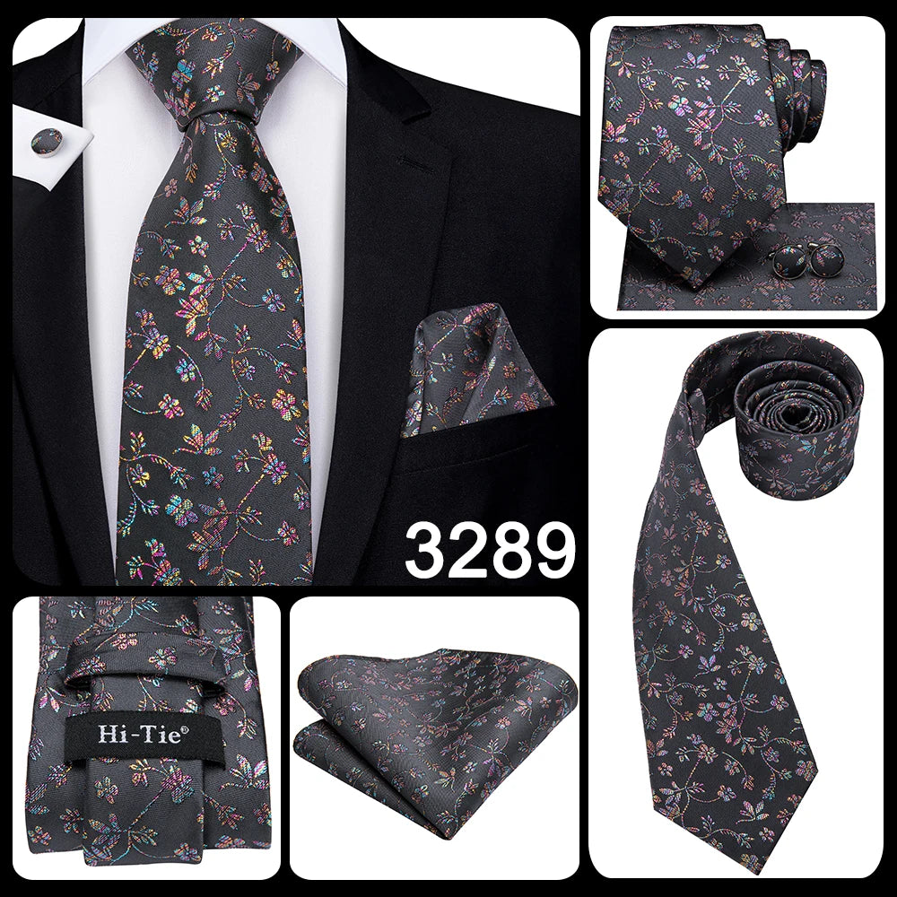 Hi-Tie Luxury Floral Paisley Ties for Men Male Desigenr Red Green Snow Ties for Christmas Adult Silk Tie Hanky Cufflinks Tie Set