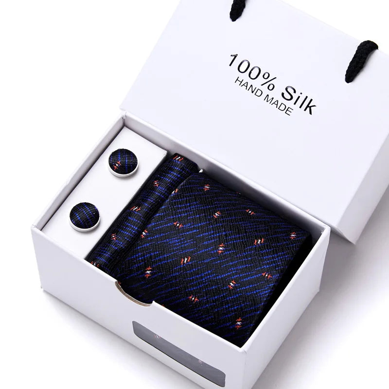 Brand 100% Silk Ties Gift box Office  Men Classic Party Wedding striped 7.5cm Silk Wedding  Floral Tie Necktie Handkerchief Set