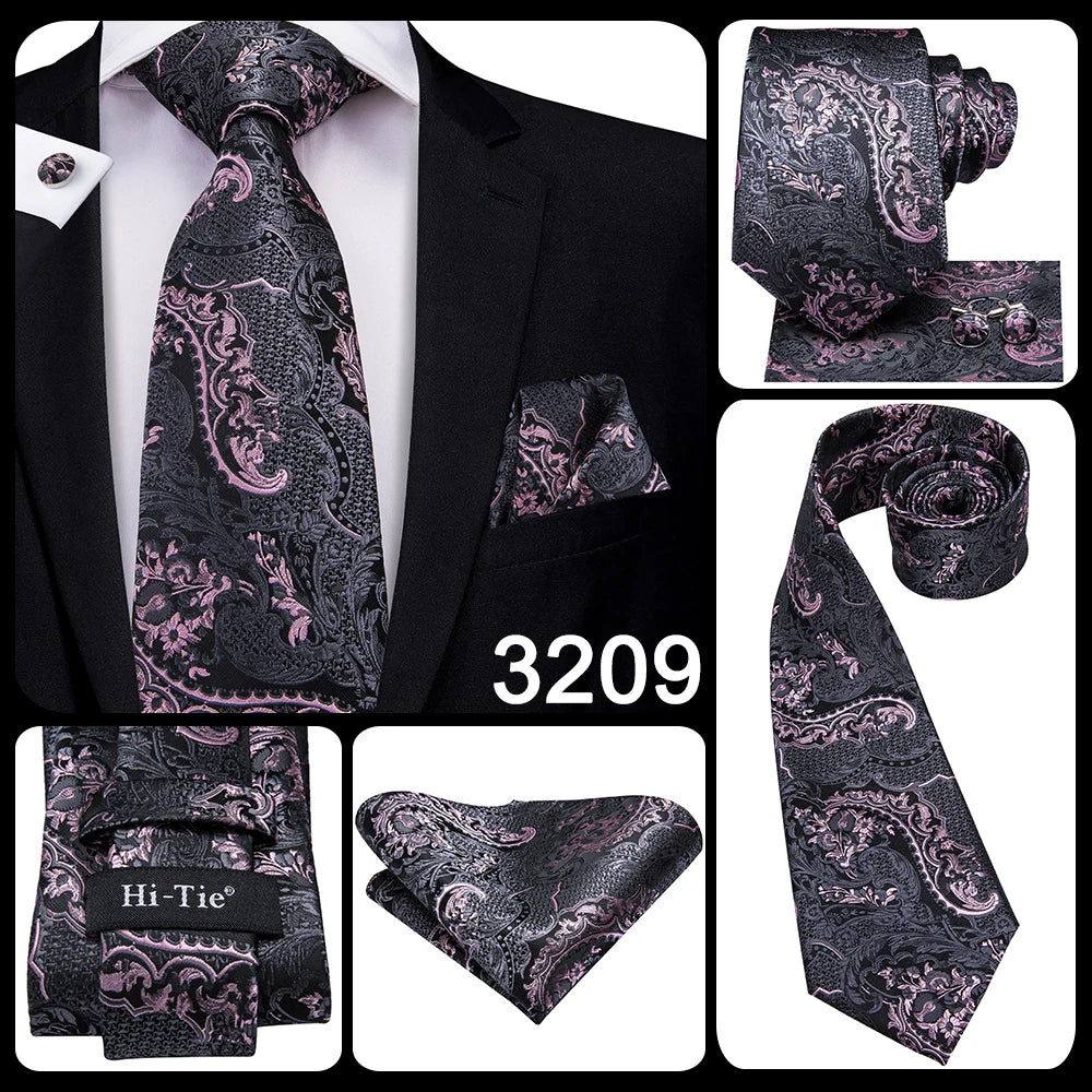 Hi-Tie Luxury Floral Paisley Ties for Men Male Desigenr Red Green Snow Ties for Christmas Adult Silk Tie Hanky Cufflinks Tie Set