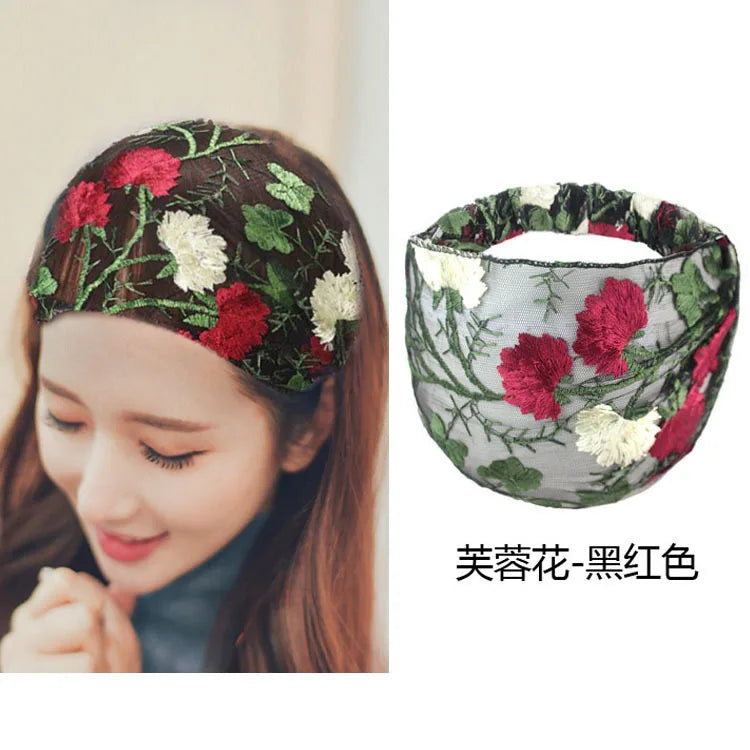 New Wide Headband for Women Ethnic Embroidery Flower Mesh Wide Edge Headbands Hibiscus Mutabilis Lace Bandaba Turban Headwear