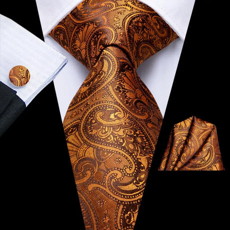 Hi-Tie Luxury Gold Orange Striped Paisley Silk Wedding Tie For Men Hanky Cufflink Gift Mens Necktie Business Party Dropshipping