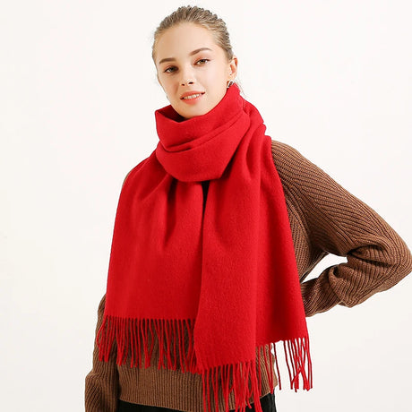 Winter 100% Pure Wool Scarf Women Solid Red Echarpe Wraps for Ladies Foulard Femme with Tassel Warm Merino Wool Scarves Cashmere