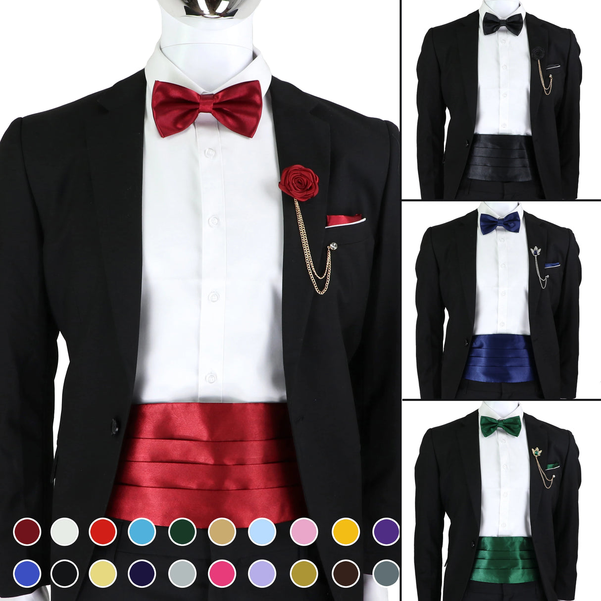 New Fashion Mens Cummerbund Bow Tie Brooch Set Black Red Blue   Waist Seal For Formal Tuxedo Business Suit Dinner Accessories