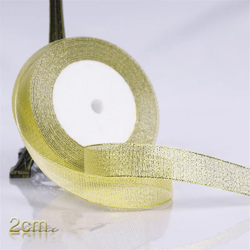 Gold/Silver Silk Satin Organza Ribbon 0.6-5CM Glitter Embroidered Onions Ribbons for Wedding Cake Gift Decoration Craft Supplies