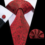 Hi-Tie Mens Gift Tie Set Red Wine Burgundy Paisley Silk Wedding Tie For Men Fashion Design Quality Hanky Cufflink Dropshipping