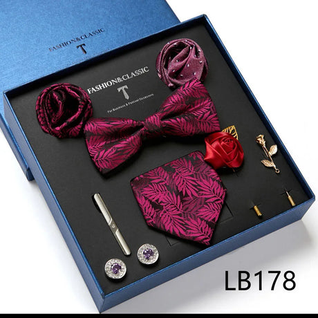 Holiday Gift Box Tie For Men 7.5 cmTie Hanky Pocket Squares Cufflink Set Bow Tie Clip Necktie Box Purple hombre Geometric Office