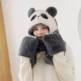 Panda plush Ladies Winter Riding Warm Windproof Gloves Bib Hat Three Piece Women Bear Ear Scarf One-Piece Cap Antlers Female Hat