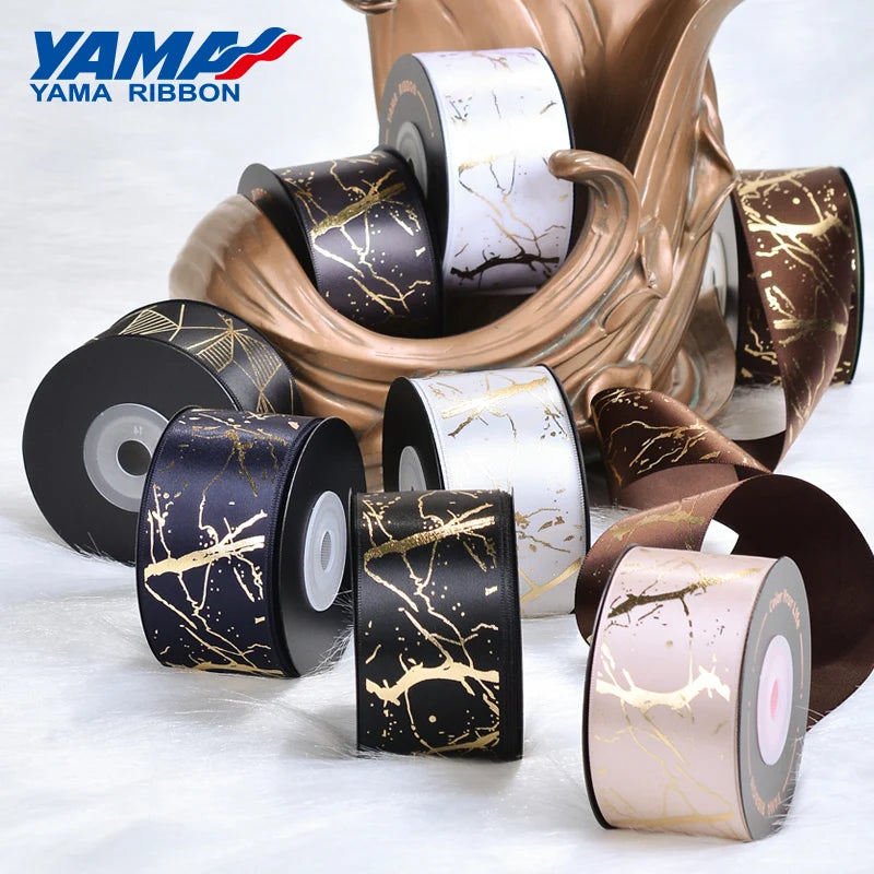 YAMA Ribbon 10yards/roll 38 mm Gold Foil Printed Satin Ribbons DIY Crafts Gifts Packaging Fashion Wedding Decoration