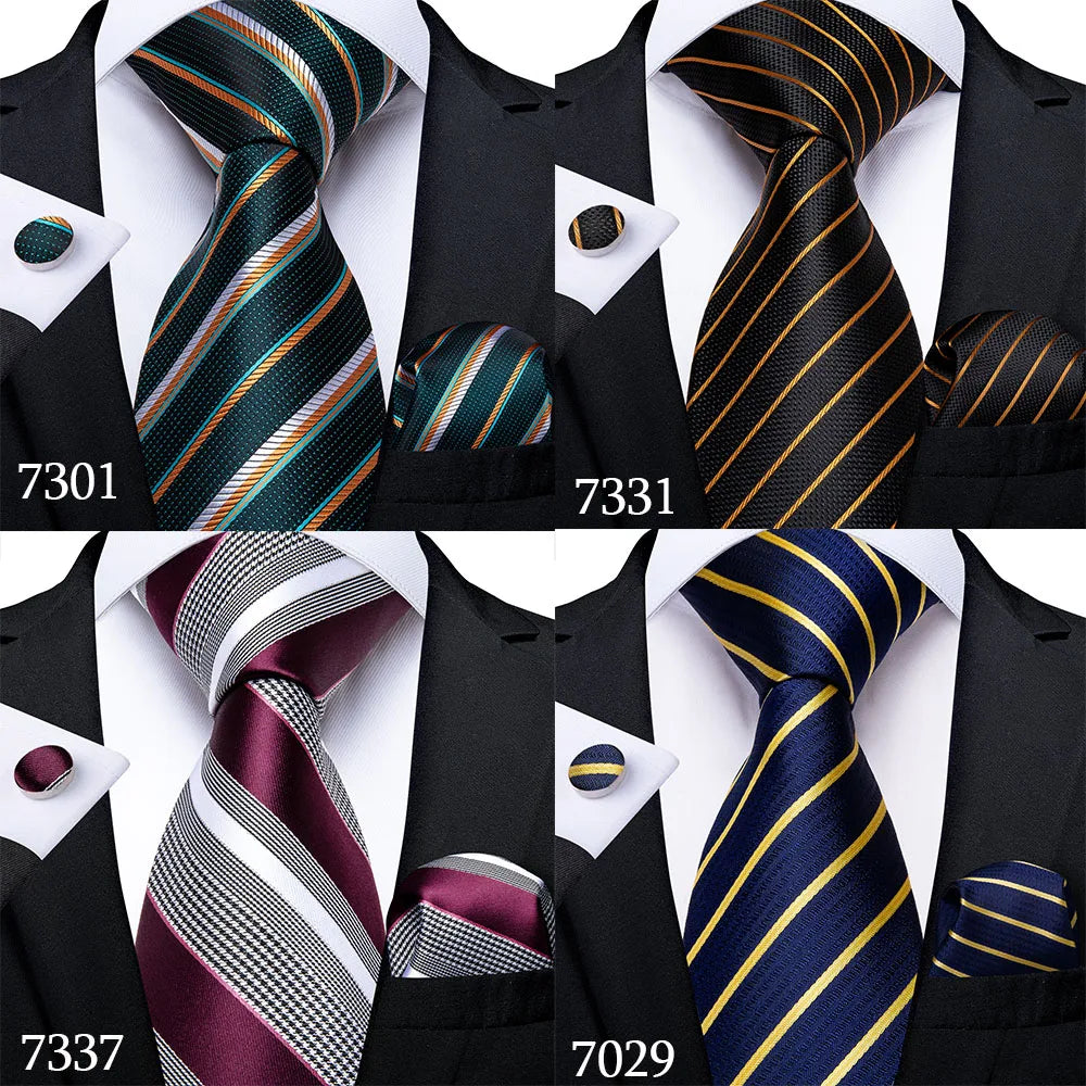 Fashion Striped Tie For Men Red Wine White Silk Wedding Tie Hanky Cufflink Gift Tie Set DiBanGu Novelty Design Business MJ-7337