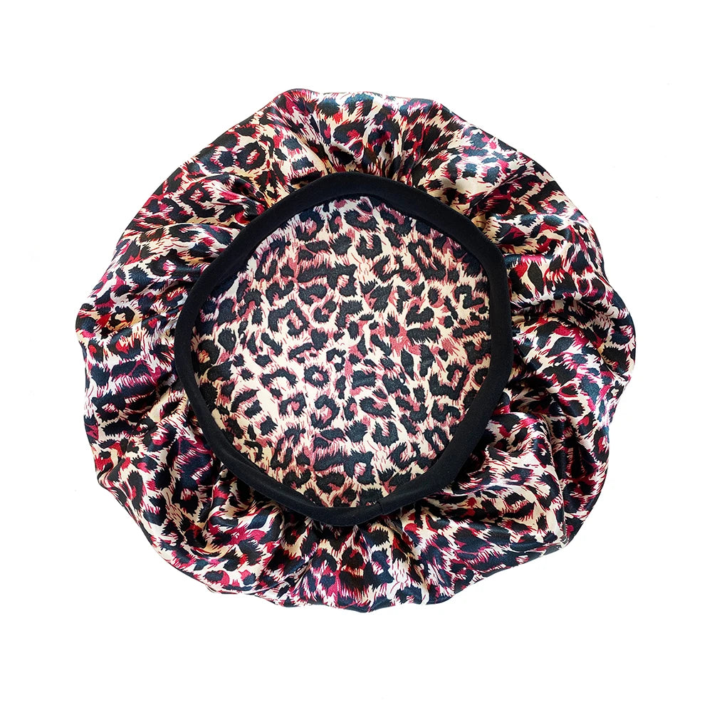 Leopard Print Satin Bonnet Cap Wide Rubber Band Nightcap Hair Care Hat