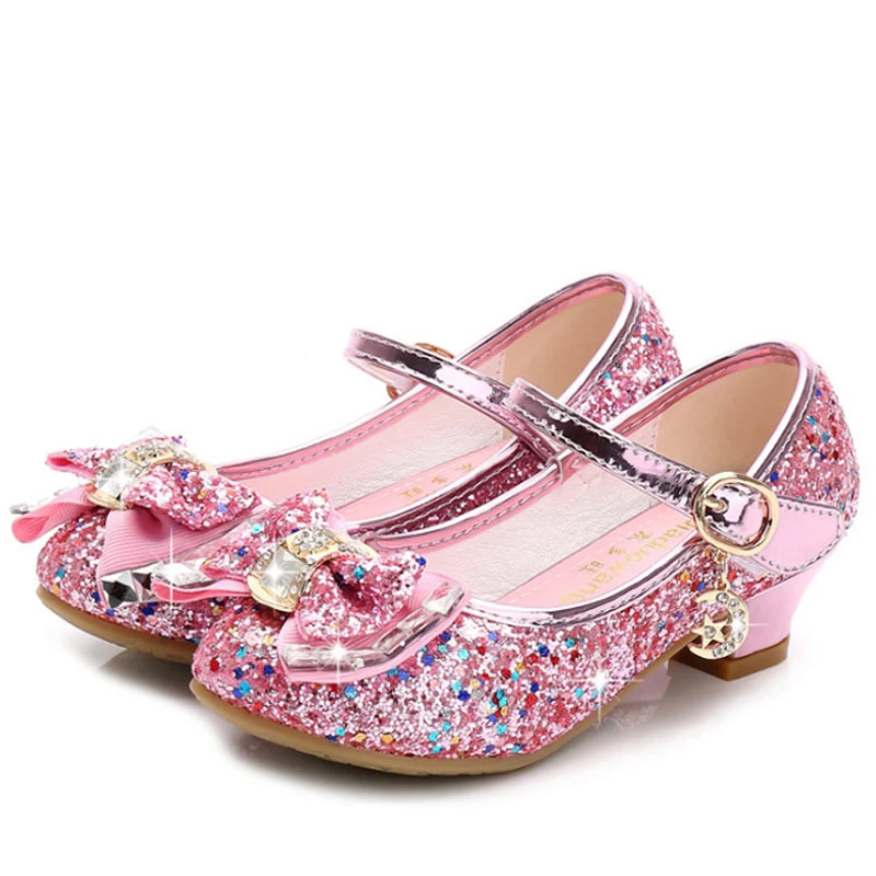 Princess Kids Leather Shoes for Girls Flower Casual Glitter Children High Heel Girls Shoes Butterfly Knot Blue Pink Silver