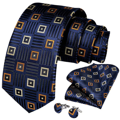 DiBanGu 8cm Blue Plaid Paisley Dot 100% Silk Men Tie Business Formal Wedding Party Necktie Hanky Cufflinks Set Mens Ties Gift