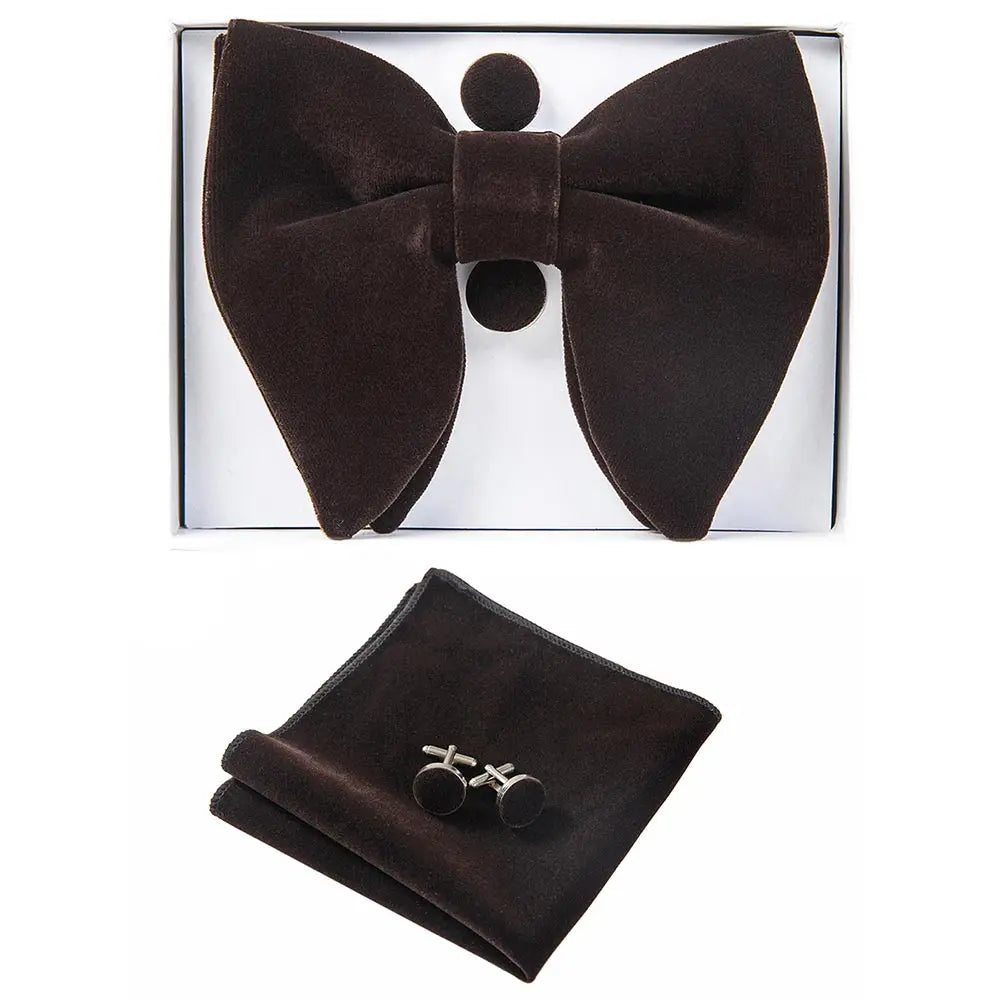 GUSLESON Velvet Big Bow Tie Men's Bowties Pocket Square Cufflinks Set with Gift Box Solid Red Yellow Necktie For Man Wedding