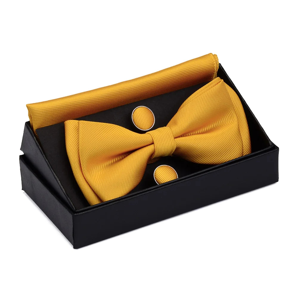 Solid Bow Tie Set Different Size Up and Down Men's Plain Bowtie Handkerchief Cufflinks Gift Box Set For Men Wedding Fashion Ties