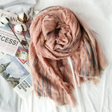 Fashion New Design Color Stripe Double Layer Wrinkle Winter Women Solid Scarf Warm Long Elegant Wrap Acrylic Shawl