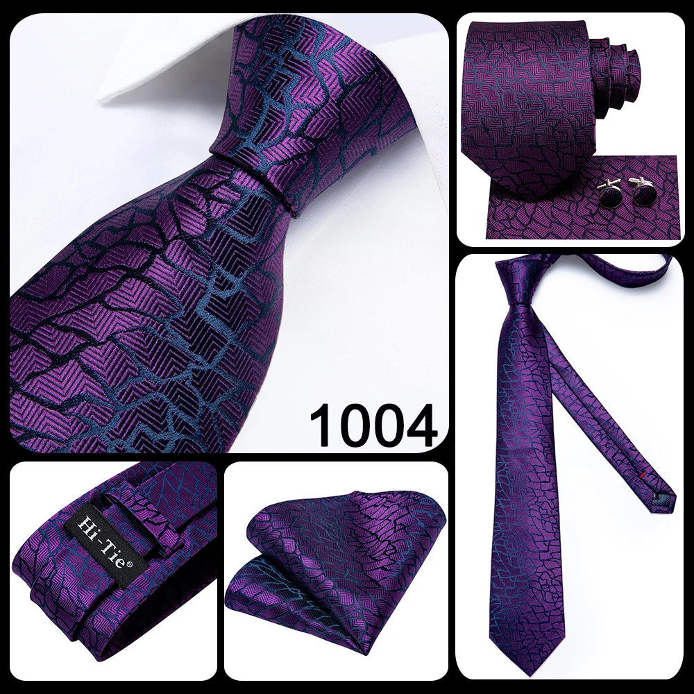 Hi-Tie Purple Solid Paisley Silk Wedding Tie for Men Novelty Design Handky cufflink Gift Men Tie Set Party Business Dropshipping