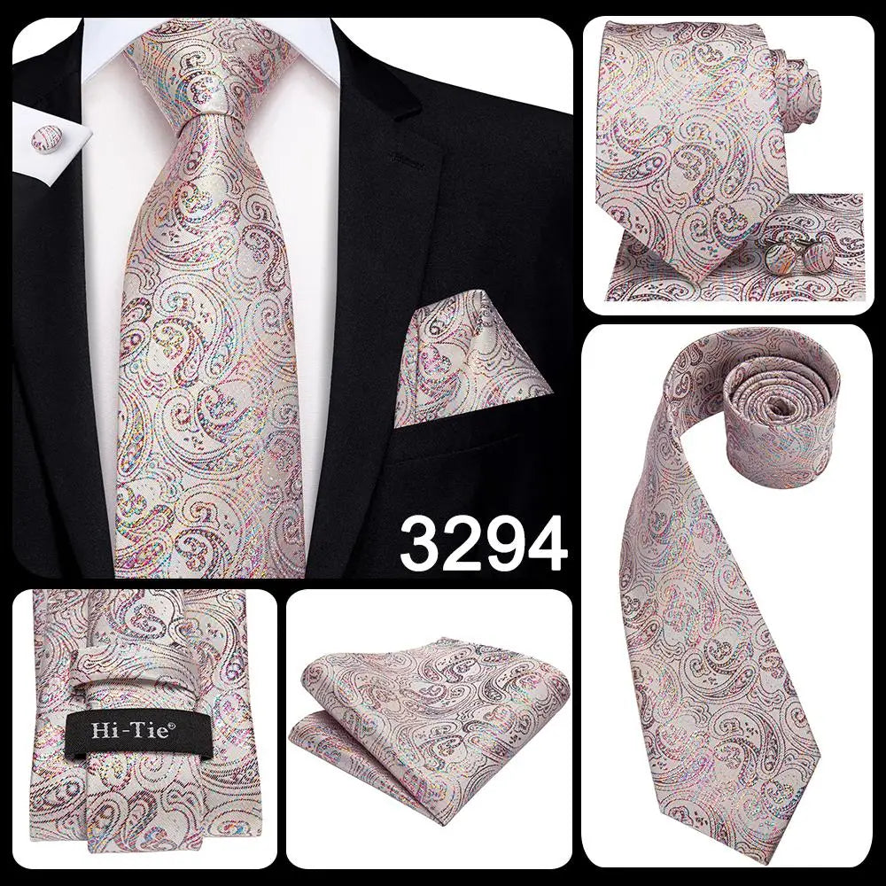 Hi-Tie Luxury Floral Paisley Ties for Men Male Desigenr Red Green Snow Ties for Christmas Adult Silk Tie Hanky Cufflinks Tie Set