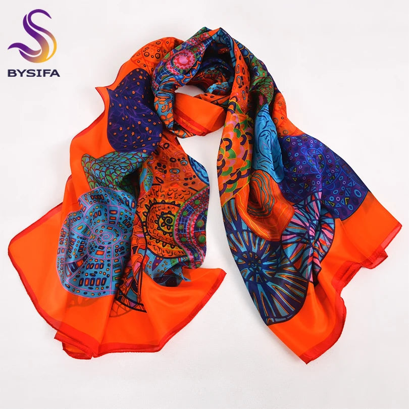 Orange Blue Winter Women Pure Silk Scarf Shawl Spring Fall Fashion Large Elegant Classical Long Scarves Wraps Printed 180*110cm