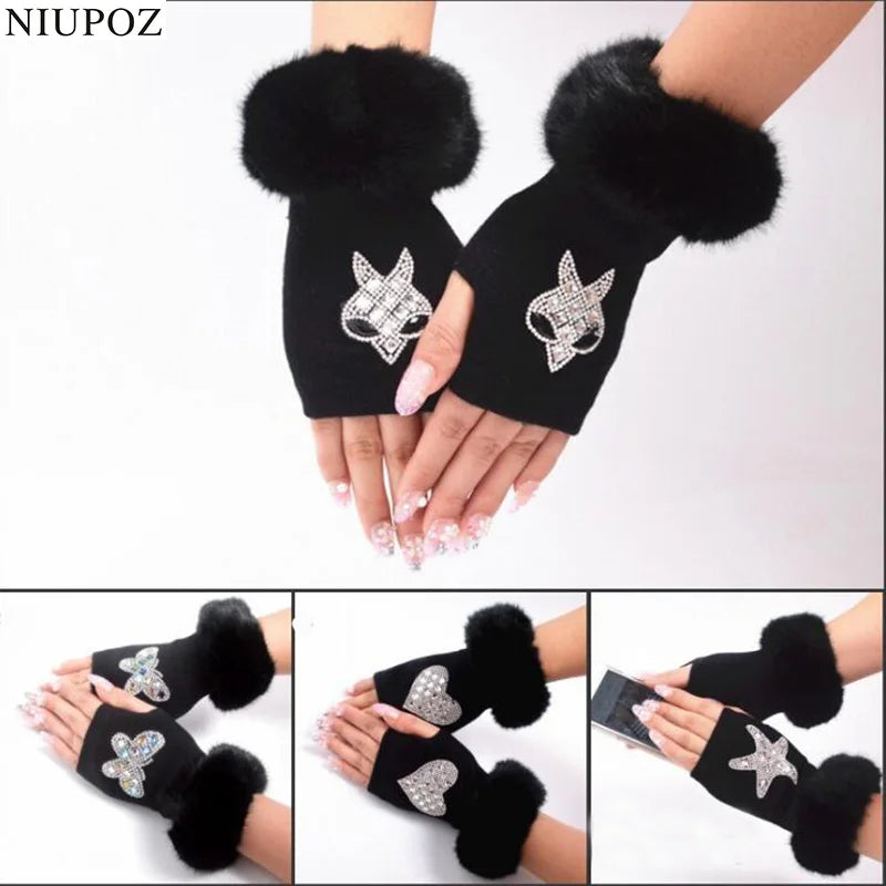 Women Cartoon Animals Fox Fingerless Dance Gloves Winter Warm Short Plush Diamonds Sequins Skull Fingerless Knitted Gloves G102