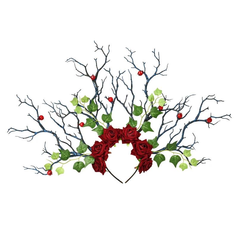 Long Antlers Headband Tree Branches Horns Hairband Gothic Cosplay Party Headdress Roses Leaf Berry Headpiece Lolita Fancy Dress