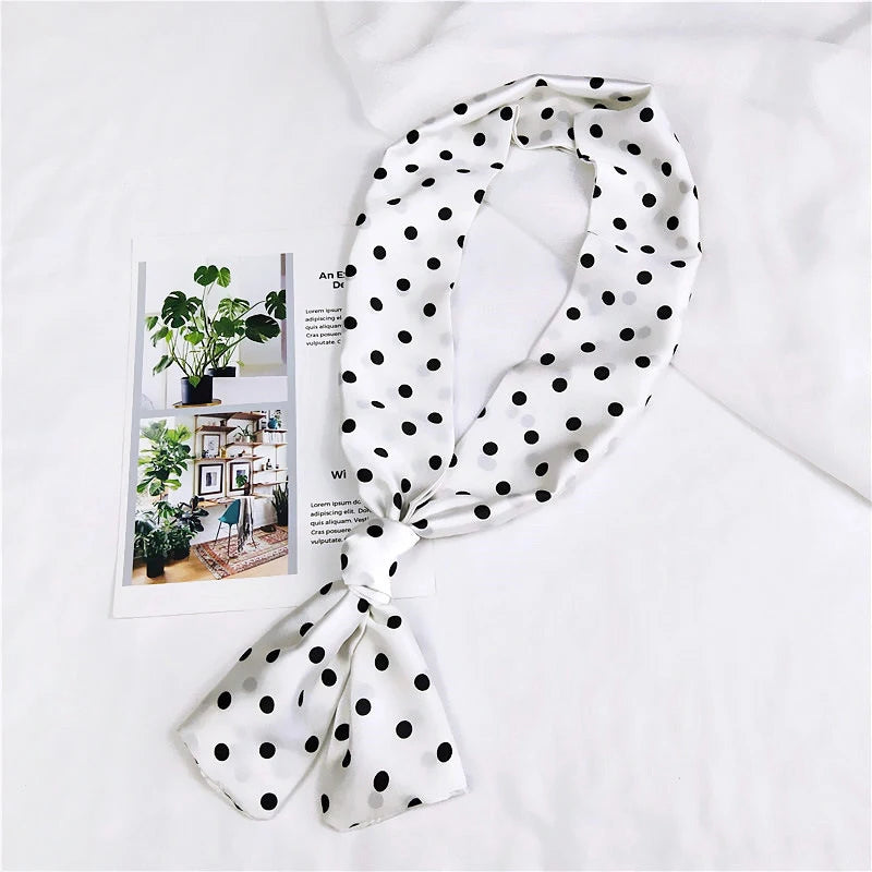 Women Polka Dot Printed Handle Bag Hair Hat Femme Business Wear Small Ribbon Tie Headband Handkerchief Foulard Narrow Scarf Silk