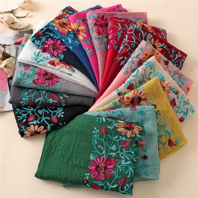 2023 Plain Embroider Floral Viscose Shawl Scarf From Indian Bandana Print Cotton Scarves and Wraps Soft Foulard Muslim Hijab Cap