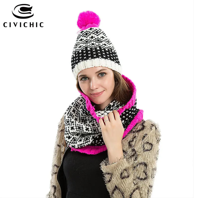 CIVICHIC Hot Fashion Woman Knit Hat Scarf Christmas New Year Gift Warm Set Snow Cap Pompon Beanies Headwear Thicken Shawl SH163